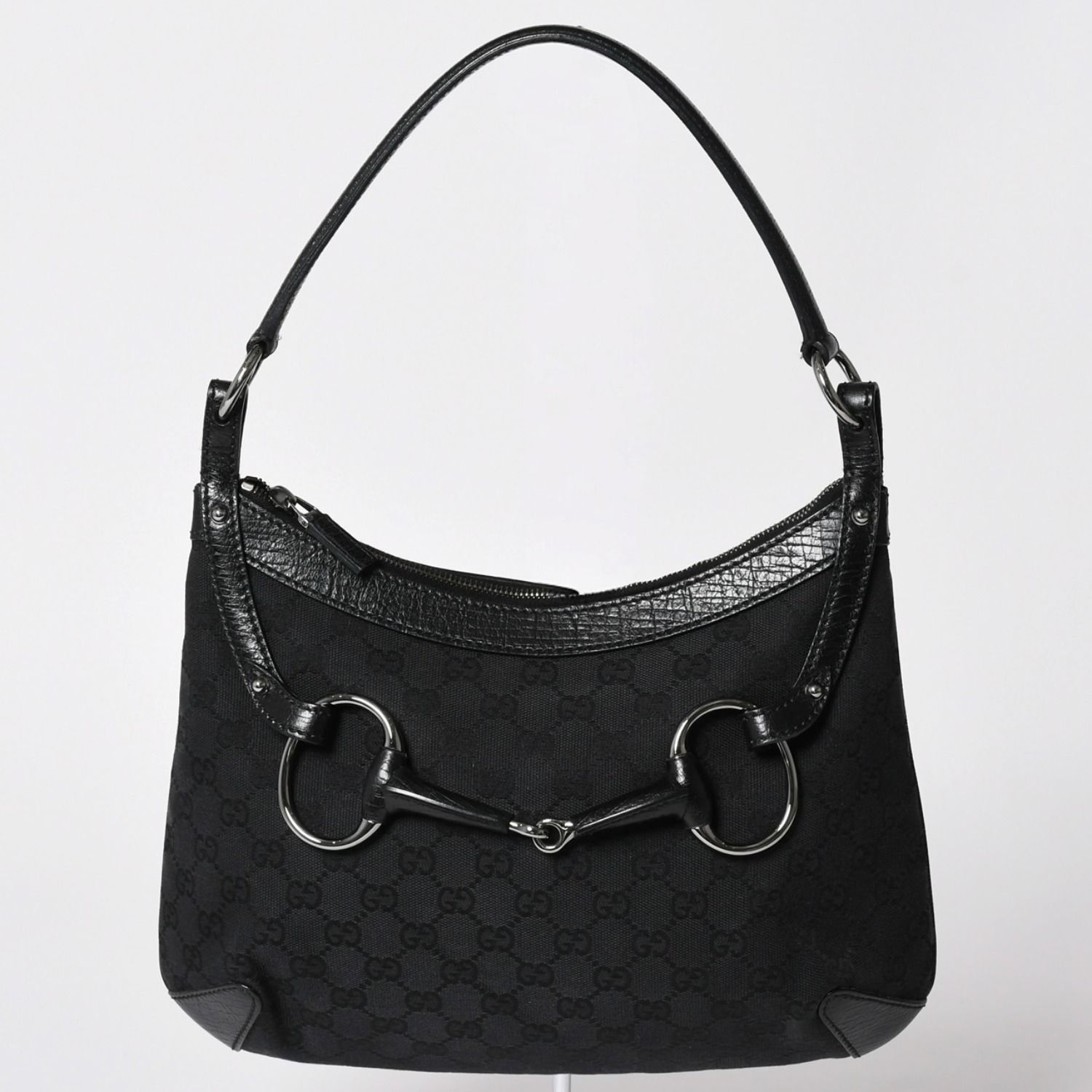 極美品 GUCCI グッチ GGキャンバス ホースビット ショルダーバッグ ワンショルダー セミショルダー レザー ブラック 中古 4a002080