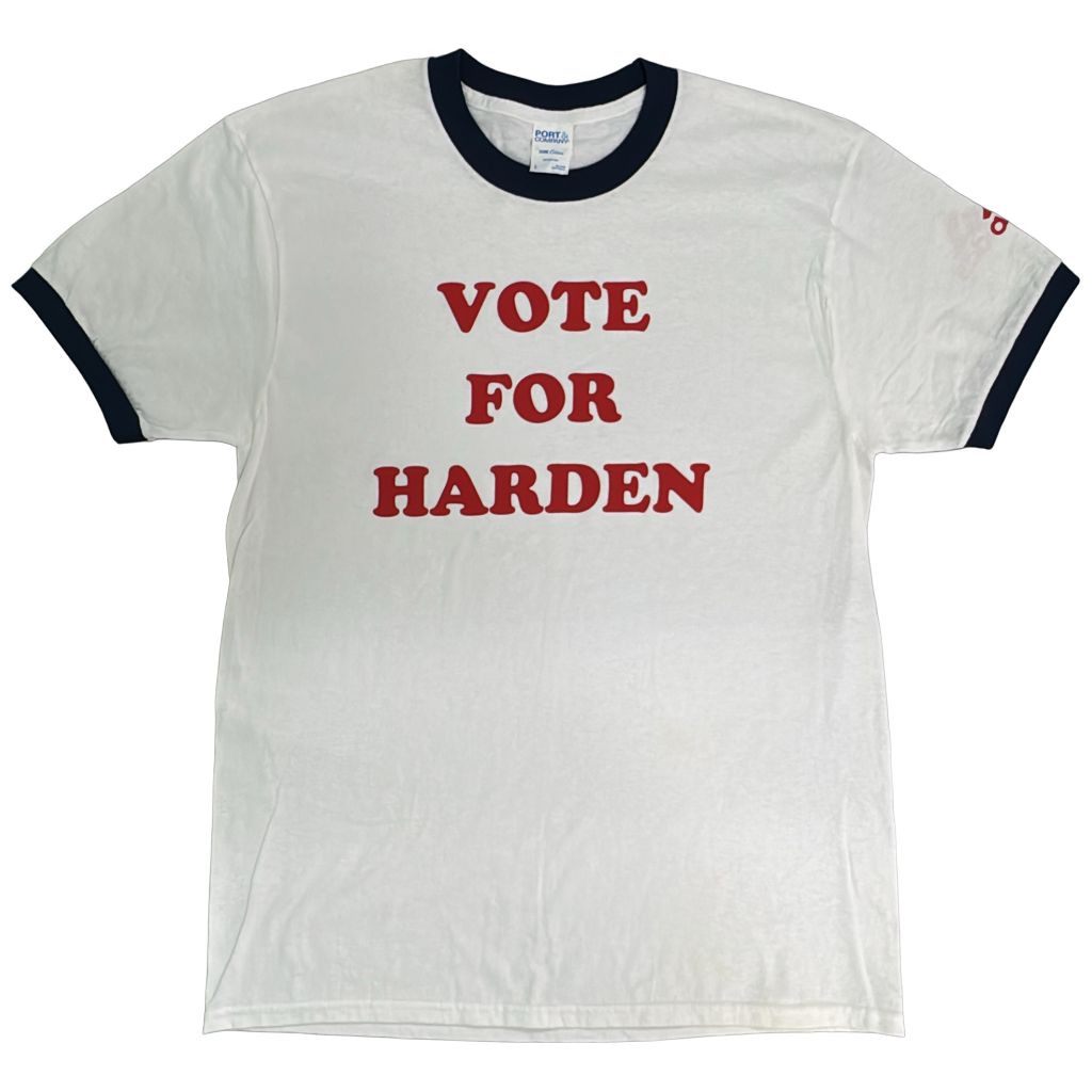 ジェームズ・ハーデン VOTE FOR HARDEN リンガーTシャツ NBA バスケ ホワイト(メンズ L)中古 古着 Y1329