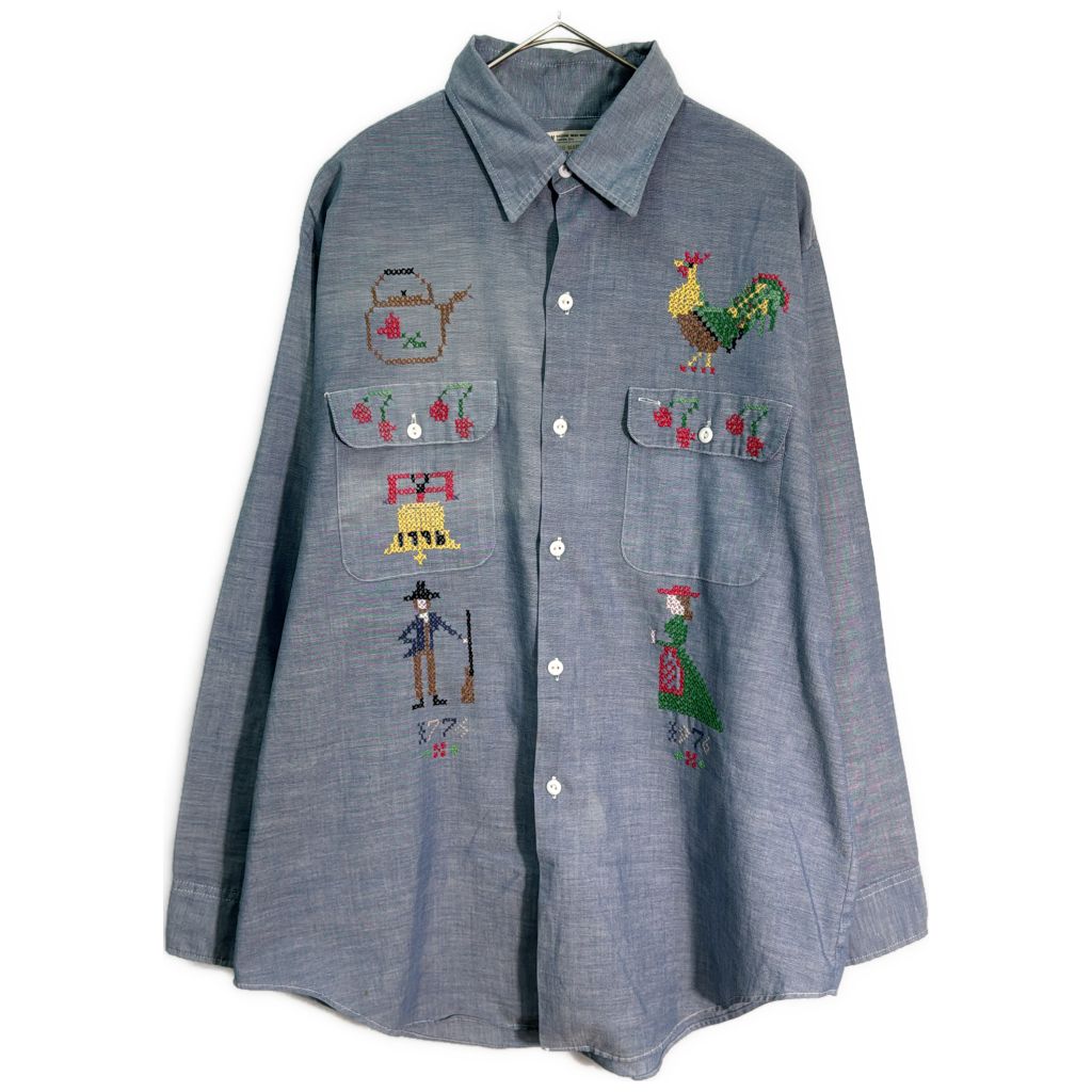 70年代 BIG MAC ビッグマック シャンブレーシャツ ヴィンテージ 刺繡 ブルー(メンズ L相当)中古 古着 Y1355