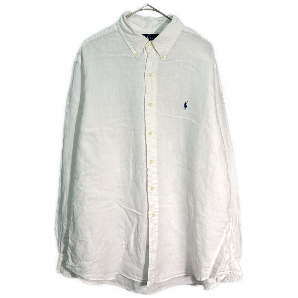 RALPH LAUREN ラルフローレン ワンポイントロゴ ボタンダウン リネンシャツ ホワイト(メンズ XL)中古 古着 Y1358