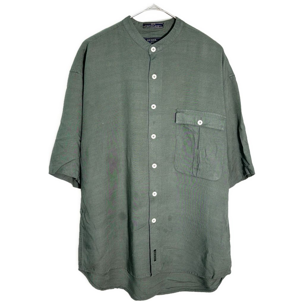 90年代 Guess ゲス バンドカラー 半袖シャツ オリーブ(メンズ M)中古 古着 Y1368