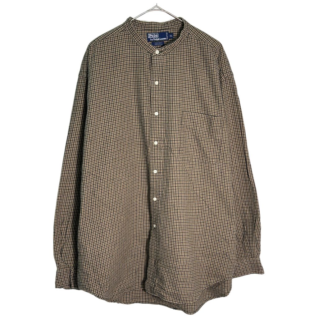 90年代 Polo by Ralph Lauren ポロ ラルフローレン POSTBOY バンドカラーシャツ 千鳥格子 ブラウン(メンズ XL)中古 古着 Y1381