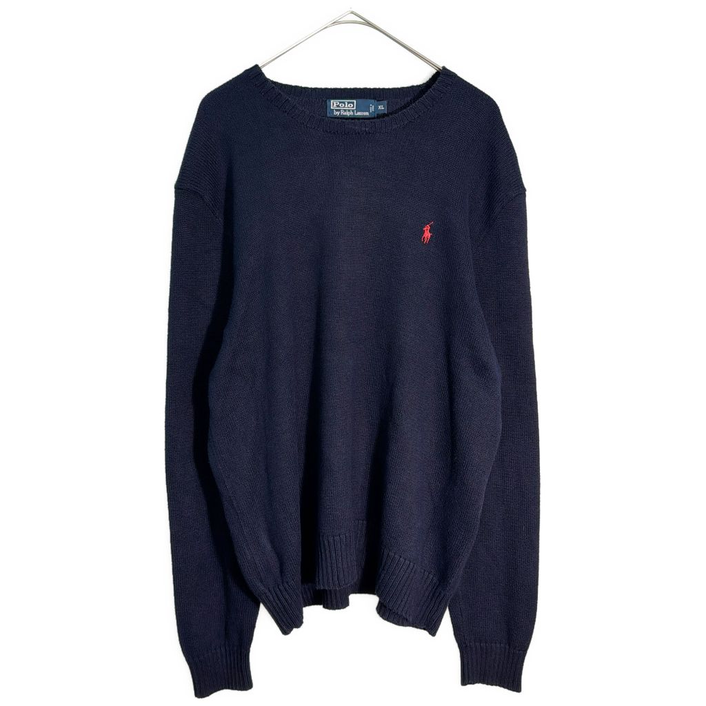 Polo by Ralph Lauren ポロ ラルフローレン ワンポイントロゴ コットンニットセーター ネイビー(メンズ XL)中古 古着 Y1402