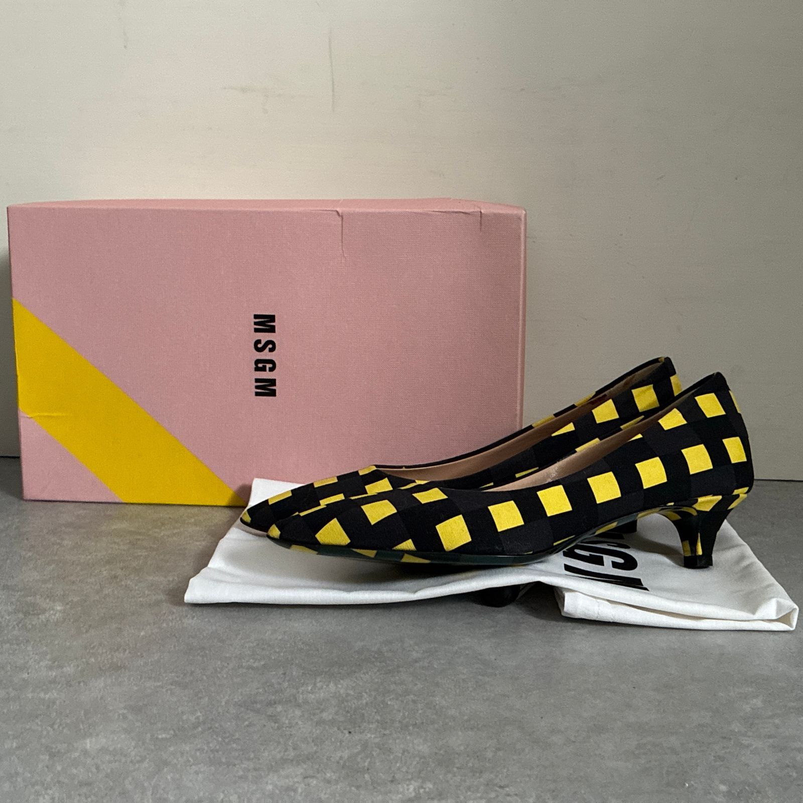 定価6.4万 MSGM イタリア製 チェック総柄 パンプス イエロー ブラック エムエスジイエム 23㎝