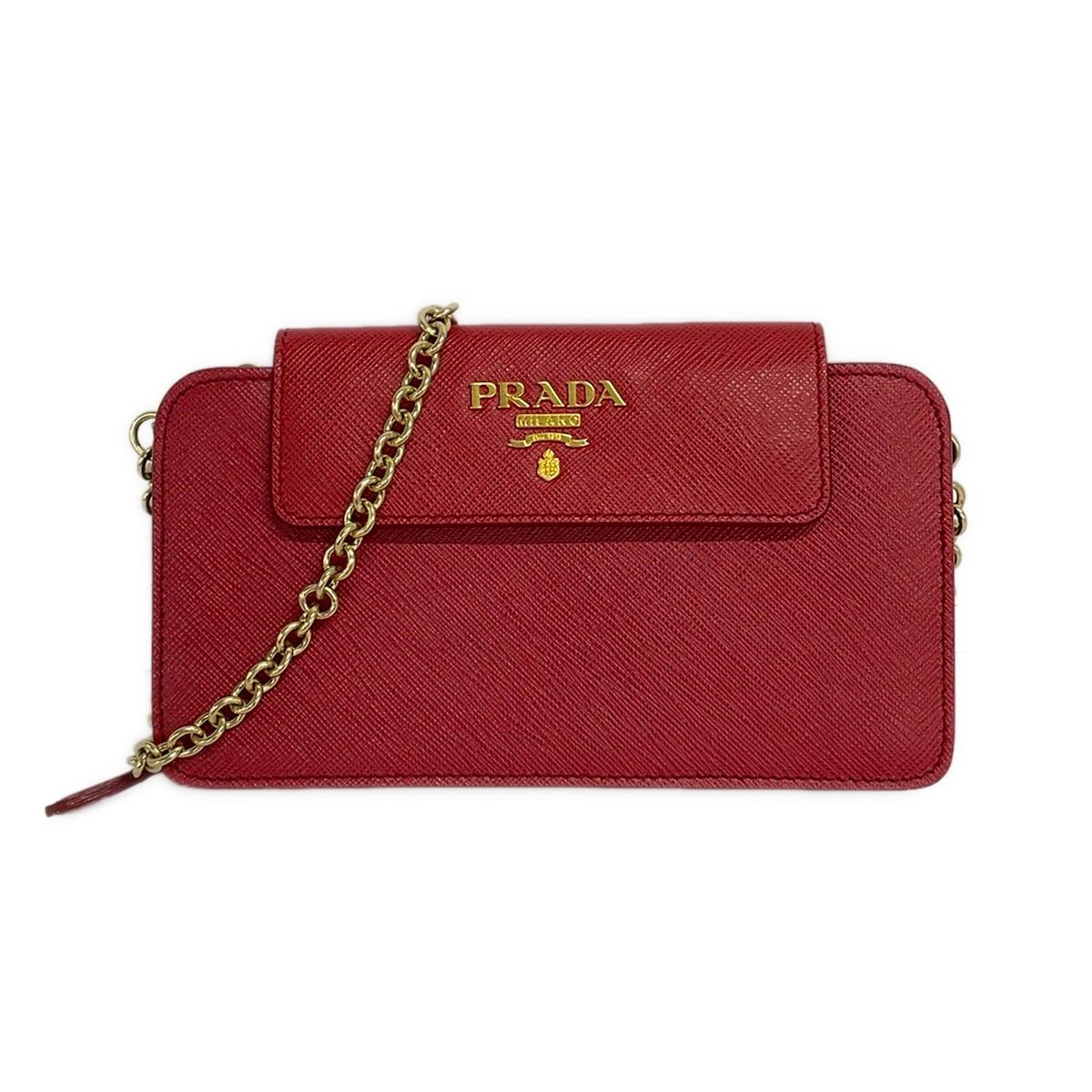 PRADA(プラダ) 財布 - レッド チェーンウォレット/ラウンドファスナー レザー