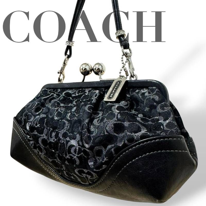 ☆★希少★COACH　コーチ★ハンドバッグ　アクセサリーポーチ　シグネチャー　ブラック　キャンバス　レザー　ロゴ　総柄　チャーム　がま口　レディース★♯2564