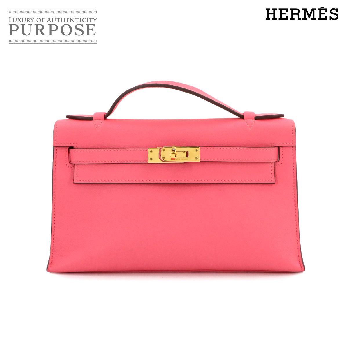 新品同様 エルメス HERMES ポシェットケリー ハンド バッグ スイフト ローズアザレ X刻印 ゴールド 金具 Pochette Kelly 90277572