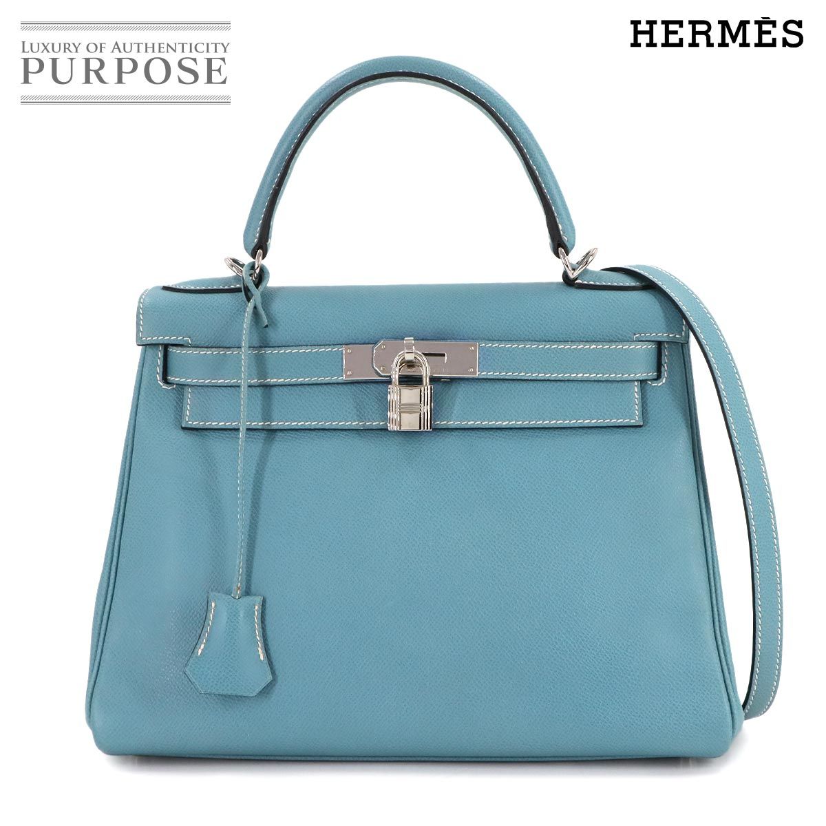 新品同様 エルメス HERMES ケリー 28 エプソン ブルージーン 2way ハンド ショルダー バッグ □I刻印 内縫い シルバー 金具 Kelly 90306332