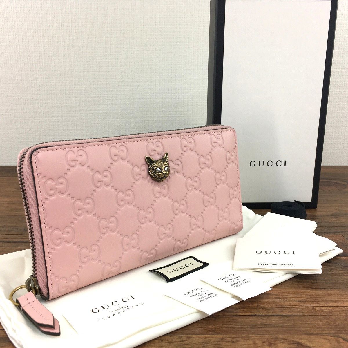 301 送料込み！ 極美品 GUCCI ジップウォレット 548058 ピンク キャット 箱付き