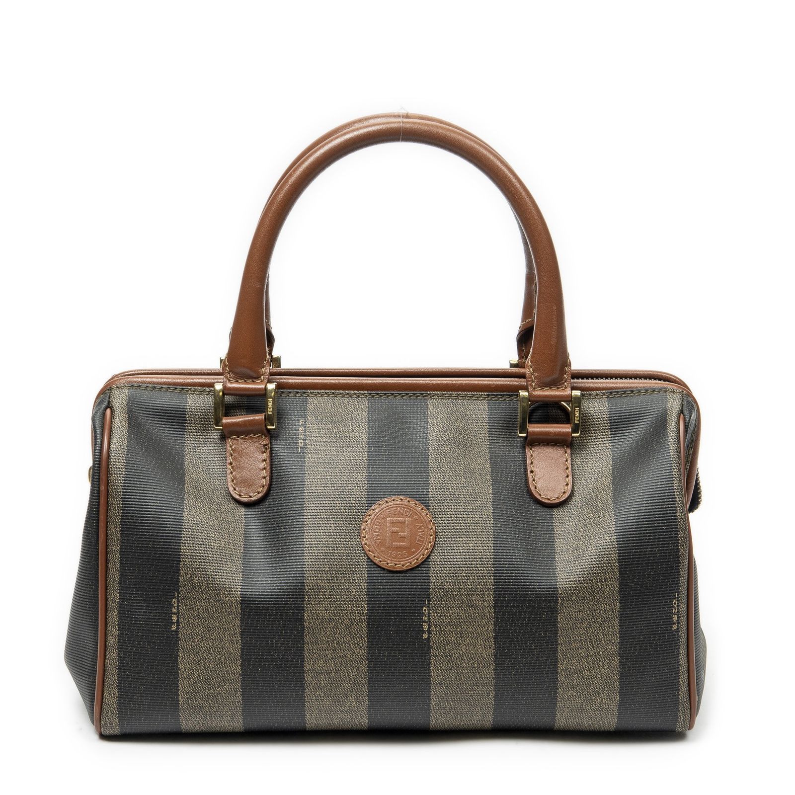 [中古] FENDI フェンディスモールボストンブラウン/ブラックペカンストライプPVCキャンバスA