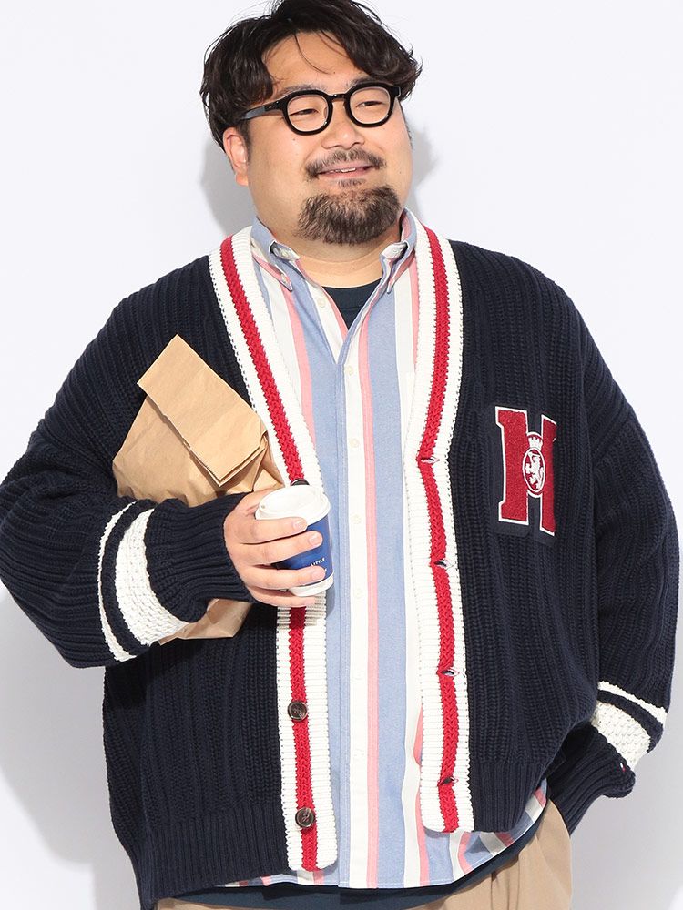 カーディガン メンズ 大きいサイズ ストライプ切替 ラグランスリーブ Vネック リブニット LETTERMAN CARDIGAN TOMMY HILFIGER (トミーヒルフィガー)