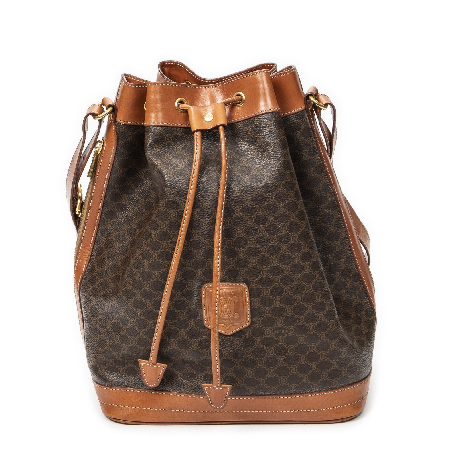 [中古] CELINE セリーヌウェブ巾着バケツ茶色マカダムPVCキャンバスAB