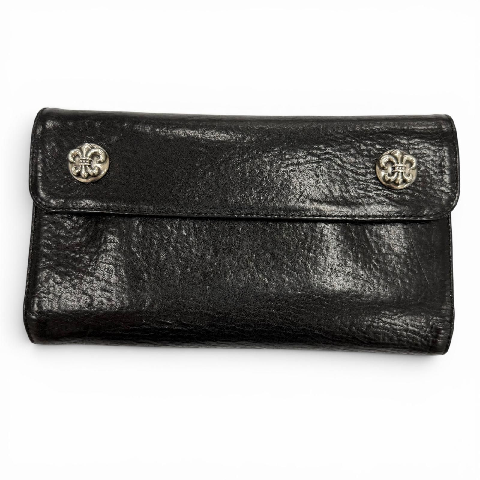 美品▼CHROME HEARTS クロムハーツ WAVE BS FLUER レザー BSフレアボタン ダガージップ ウェーブ ロングウォレット 二つ折り長財布 ブラック メンズ
