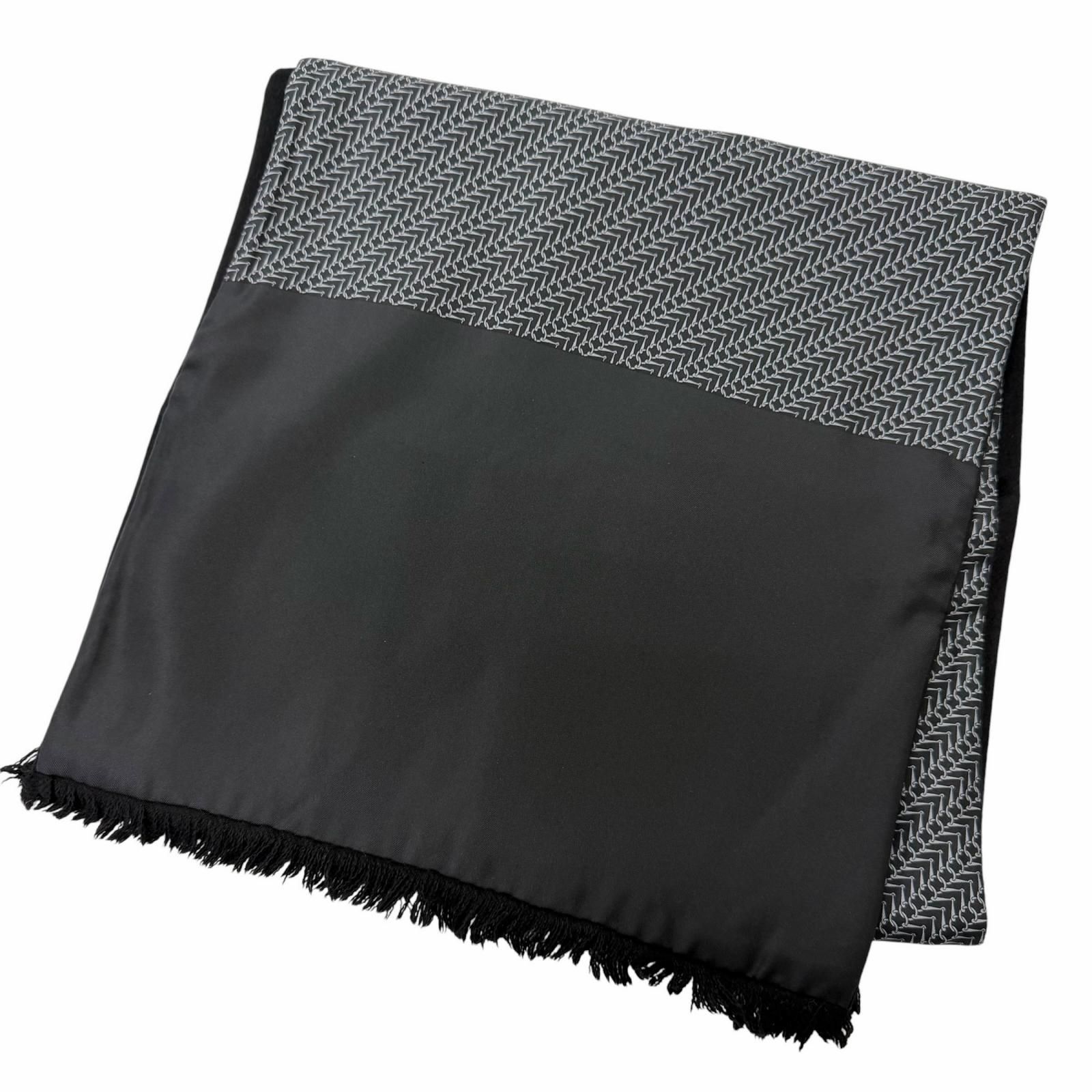 美品□HERMES エルメス シルク アンゴラ 金具 総柄 フリンジ ショール マフラー ストール ブラック グレー フランス製 メンズオススメ◎
