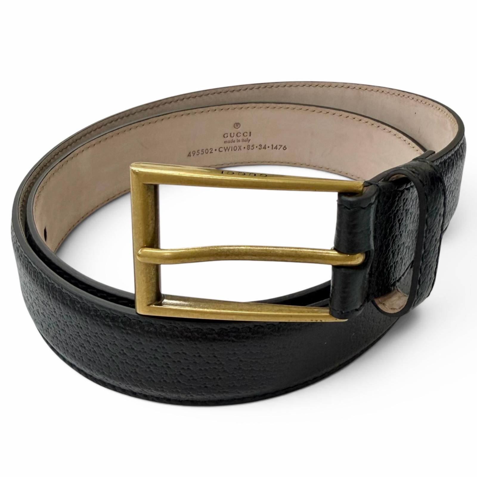 未使用品□GUCCI グッチ 495502 牛革 ゴールドロゴピンバックル レザーベルト ブラック 85/34 イタリア製 メンズ レディース オススメ