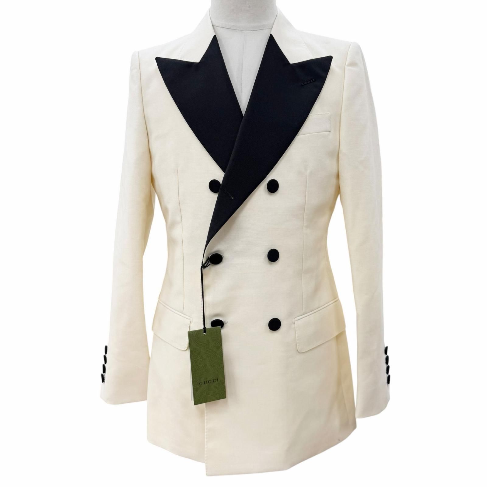 未使用品▼GUCCI グッチ 721467 ウール モヘア バイカラー ダブルブレスト テーラードジャケット アイボリー ブラック 46 イタリア製 正規品 メンズ ハンガー付き