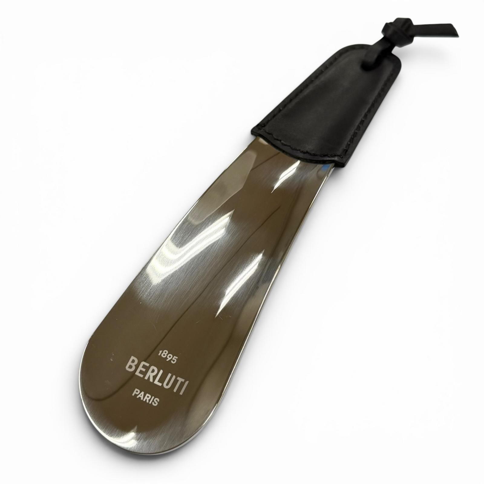 極美品▼BERLUTI ベルルッティ レザー使い シューホーン 靴ベラ シルバー ブラック フランス製 メンズ 箱・保存袋付き