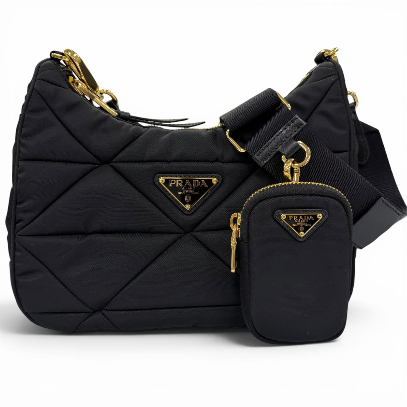 極美品☆PRADA プラダ 1BC151 パデッドRe-Nylon ショルダーバッグ トライアングルロゴ ブラック ゴールド金具 レディース 保存袋付き