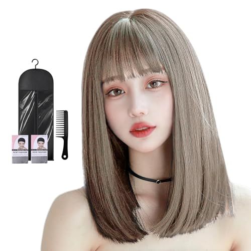 ウィッグ セミロング フルウィッグ ミディアム ナチュラル wig ストレート かつら レディース ぱっつん前髪 日常 耐熱 (浅茶色)mi 543182ff