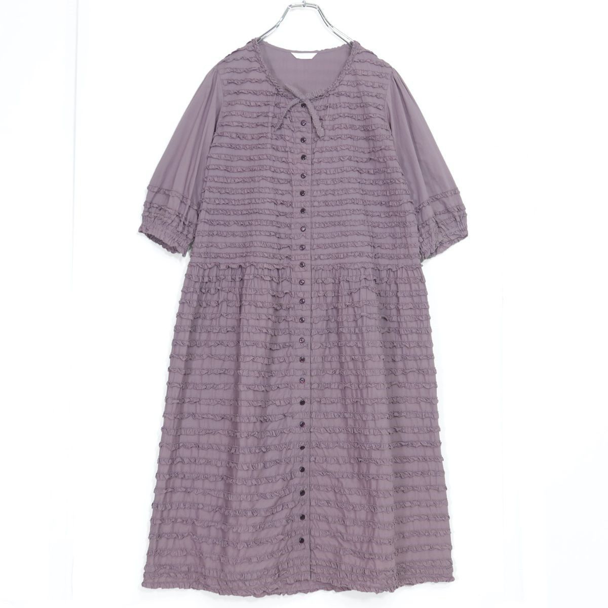 【美品】ピンクハウス★段々フリル使い♪七分袖ローンワンピース 薄紫系 前開き 無地 z20237