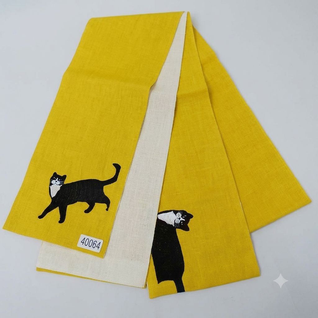 半幅帯 麻帯 浴衣帯 麻100% 本麻 日本製 黒猫刺繍入り 山吹色×アイボリー NO40064