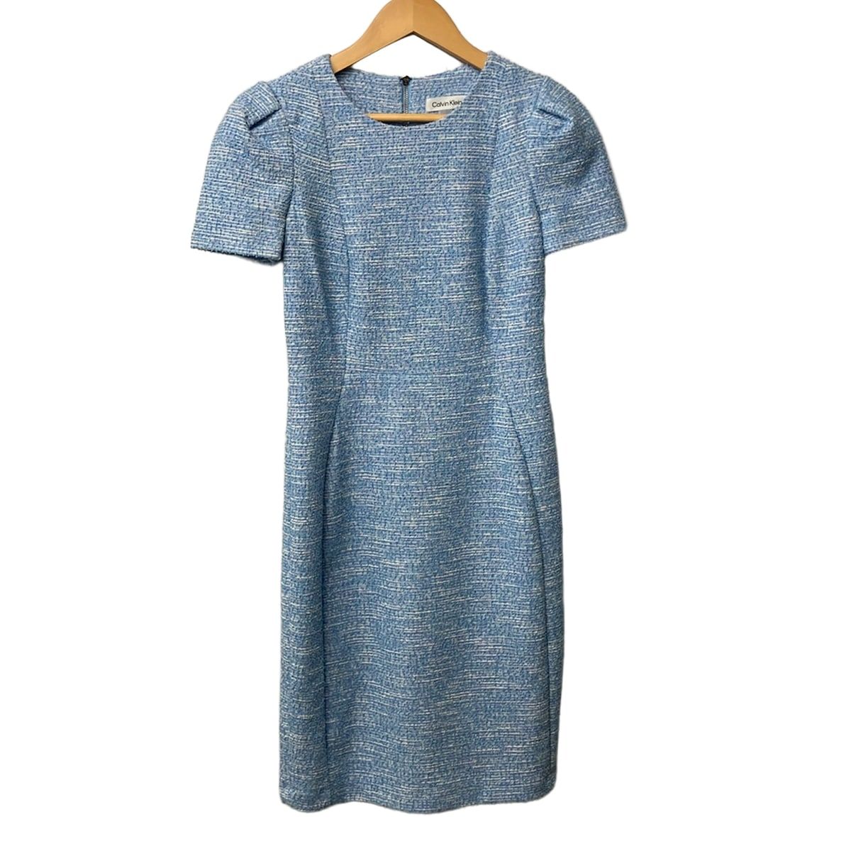 CalvinKlein(カルバンクライン) ワンピース サイズ4 XL レディース美品 - ライトブルー×白 半袖/ひざ丈/ツイード