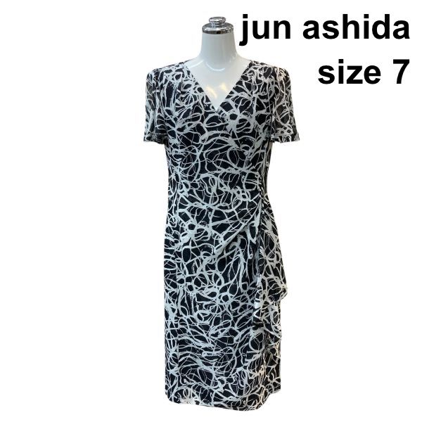 □ ジュンアシダ jun ashida ラップワンピース 半袖 カシュクール ミモレ丈 モノトーン シアー 裏地あり 黒 白 絹 7号 S レディース Z6C743