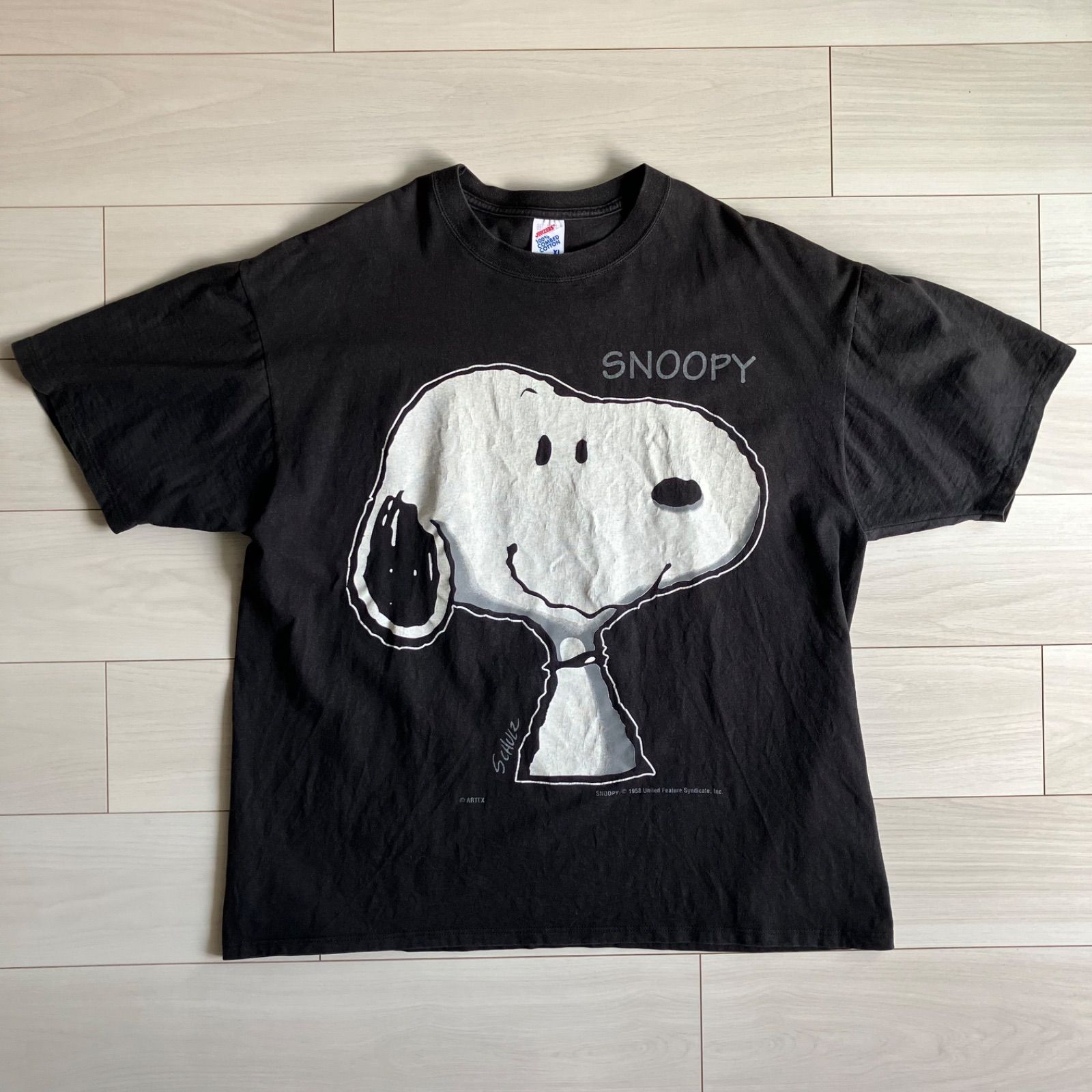 美品 90s スヌーピー Tシャツ XLサイズ USA製 ジャージーズ 大判プリント ヴィンテージ 黒 ARTEX 古着