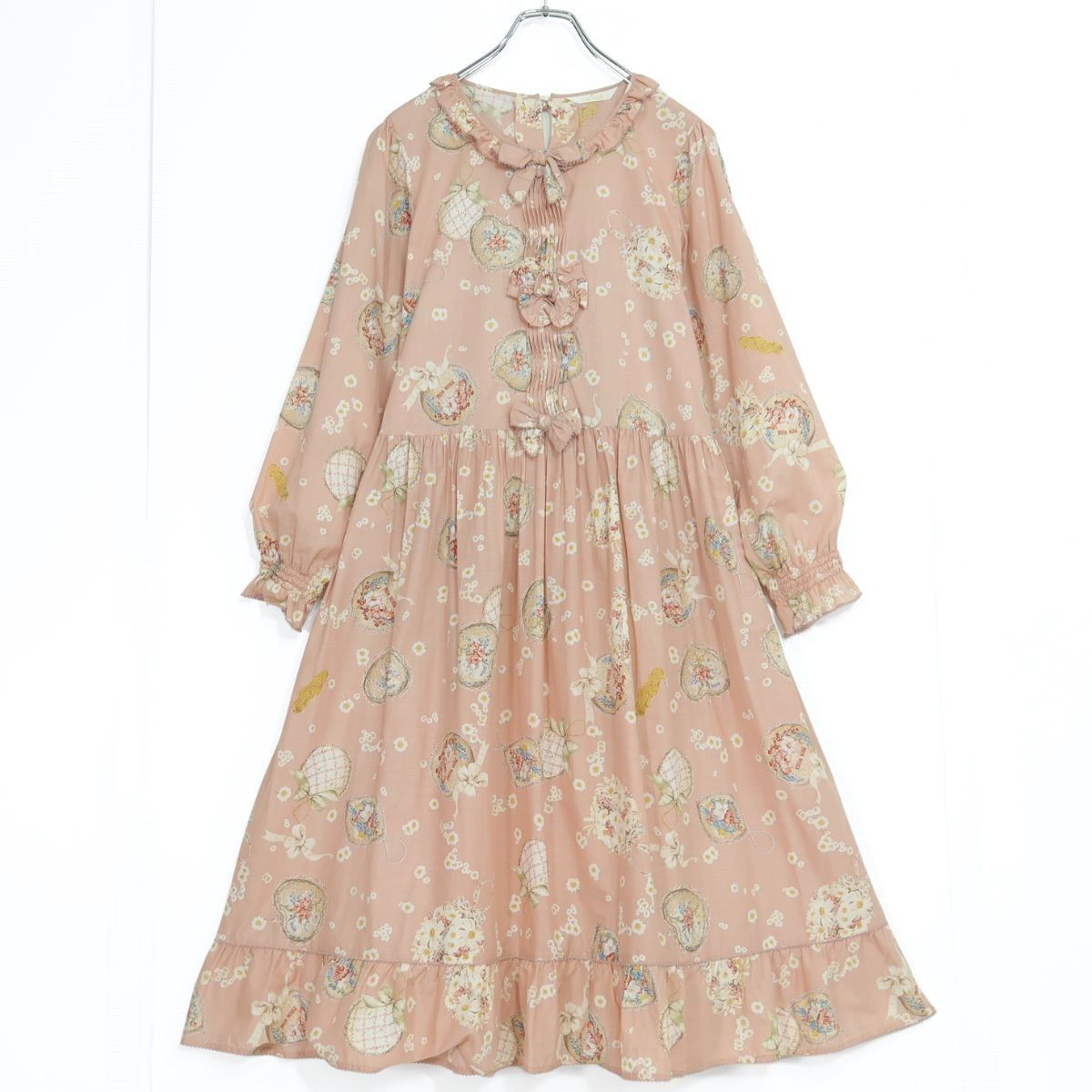 【美品】ピンクハウス★プチポワンオーナメントpt♪長袖ローンワンピース ピンク系 リボンもキュート♪薄手 z20238