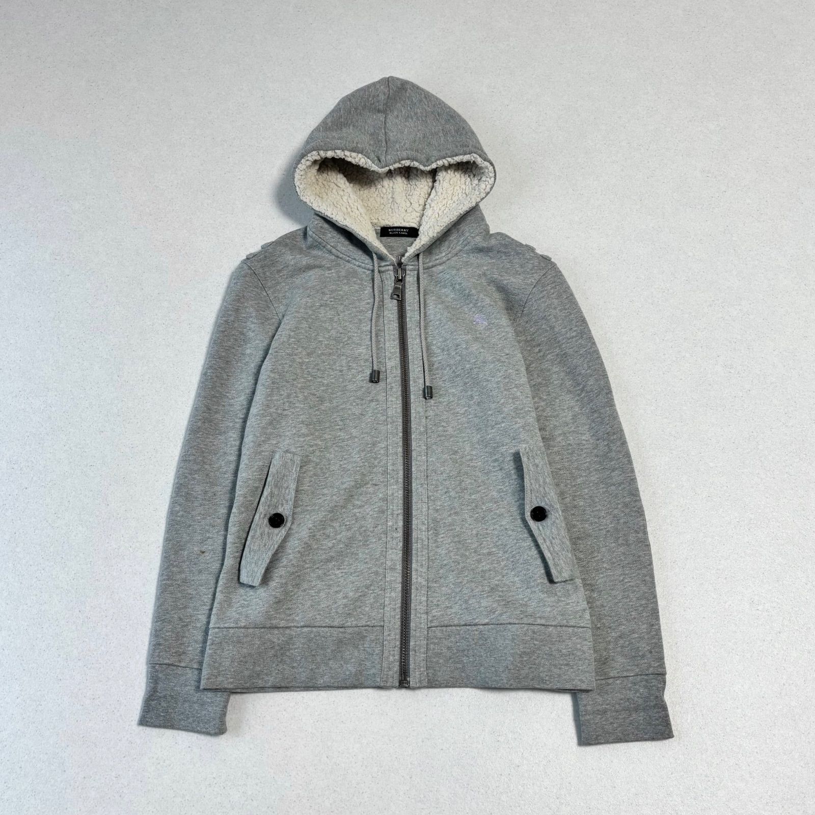 BURBERRY BLACK LABEL boa zip foodie M y2k バーバリーブラックレーベル ボア ジップパーカー フード グレー ロゴ刺繍