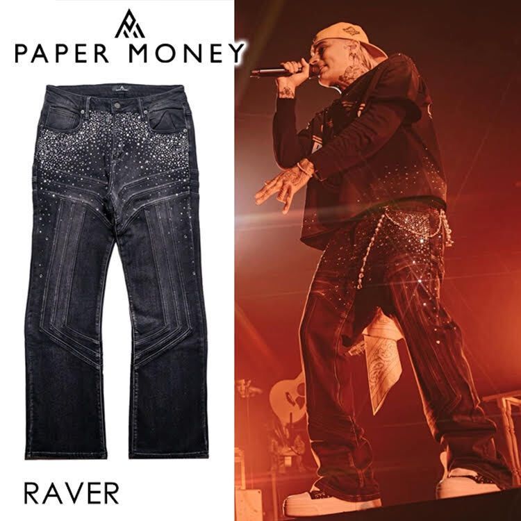 ラッパーIL TRE着用 新鋭USAブランド! PAPER MONEY 装飾ストレッチデニムパンツ 【ラインストーン】【キラキラ】【28inc】【32inc】【34inc】