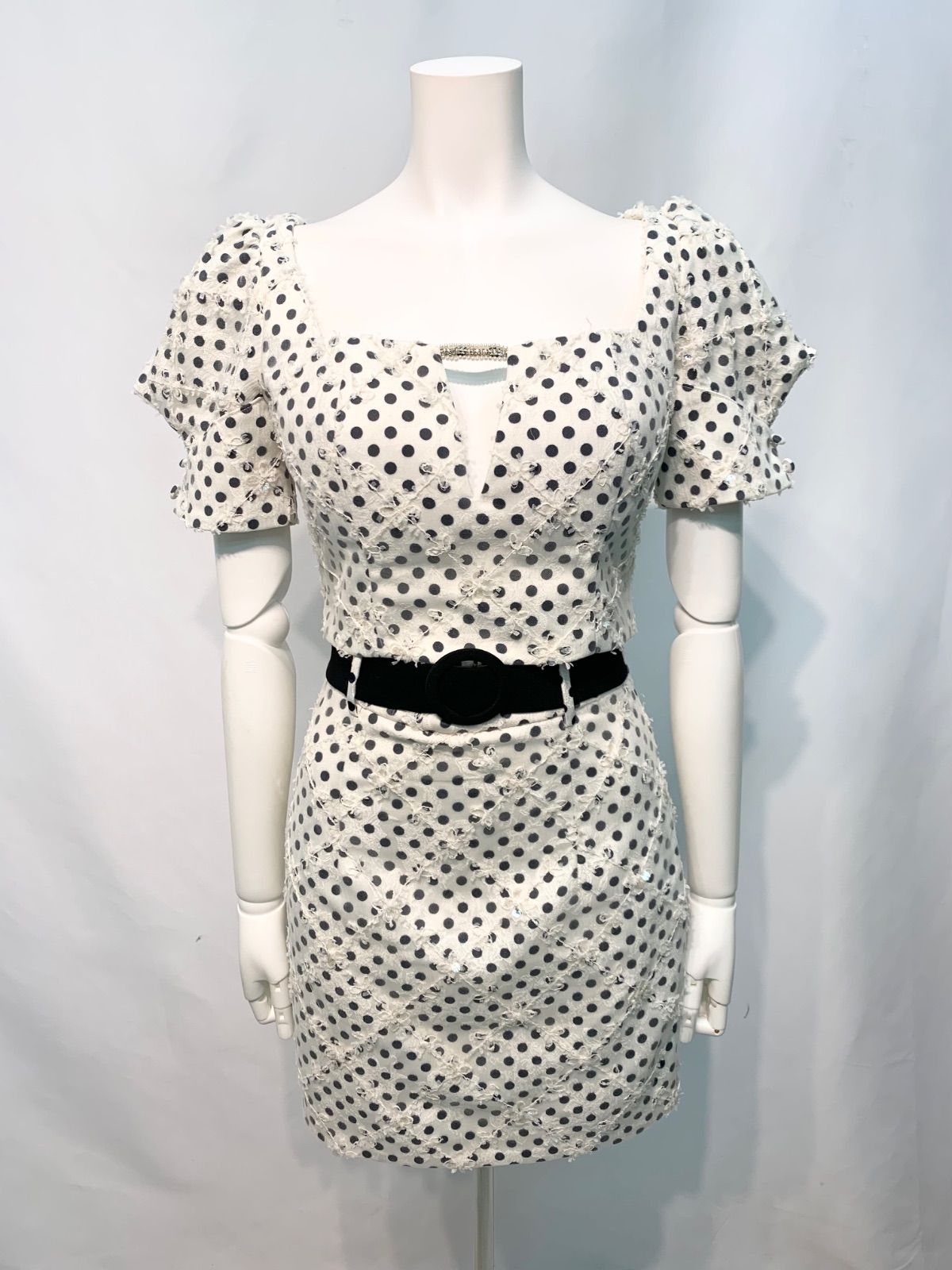2807 ROBE de FLEURS ローブドフルール キャバクラ ドレス ベルトデザイン パフスリーブ セットアップ ドット柄 レース フラワー タイト ミニ キャバドレス M