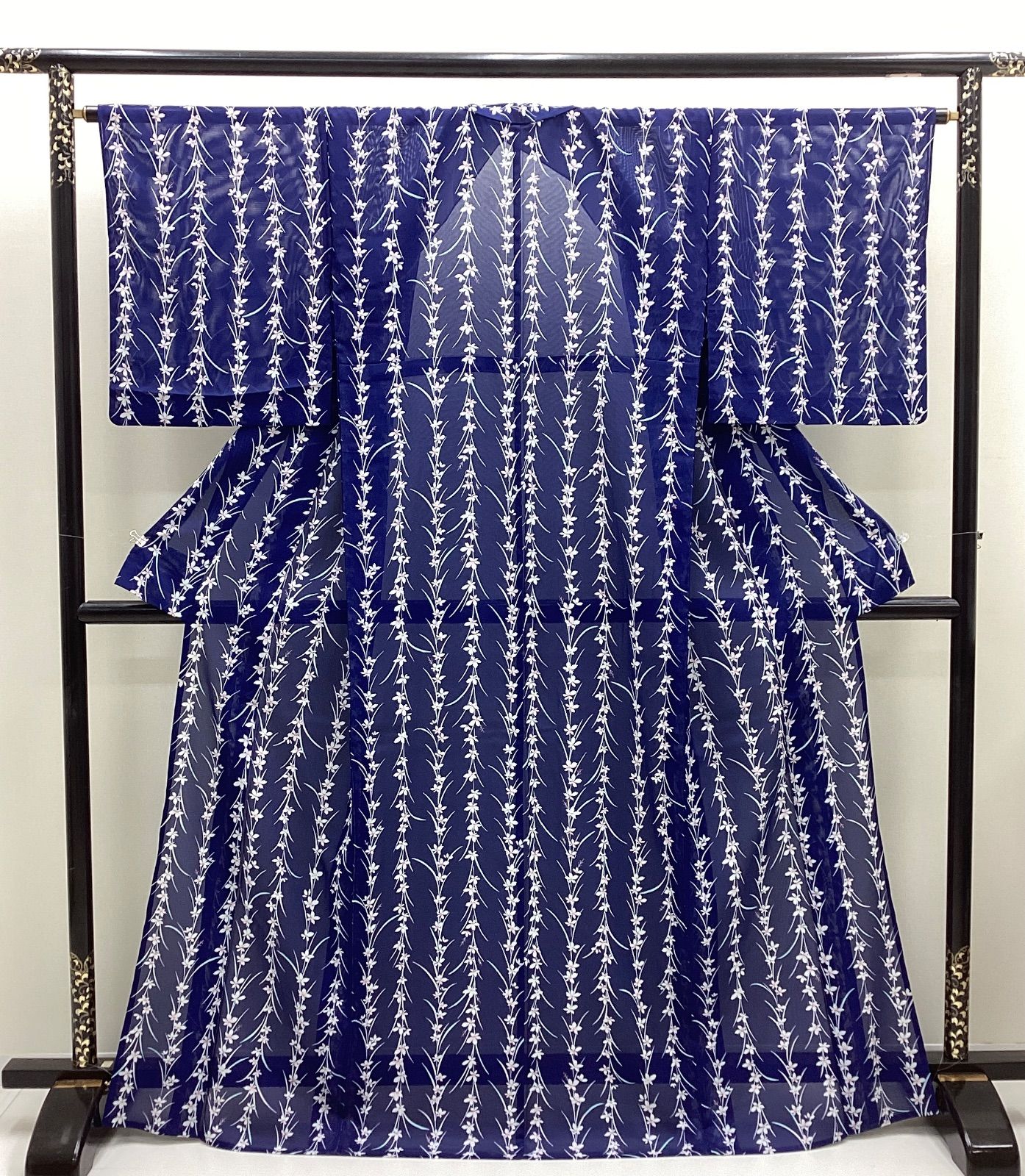 中古品　夏着物　夏小紋　絽　金青色　ポリエステル　裄64.5　R841