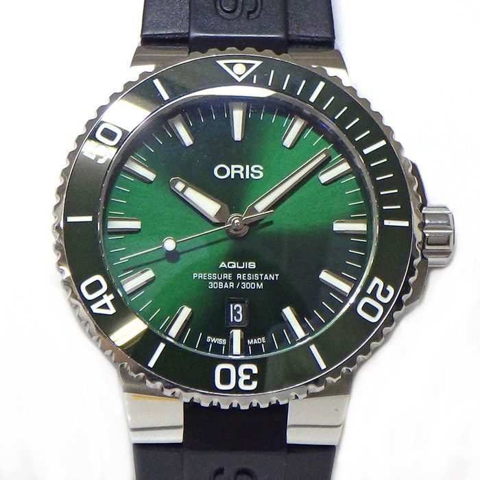 オリス ORIS 腕時計 アクイス デイト 01 733 7730 4157-07 4 24 64EB デイト 夜光インデックス 裏スケ 夜光針 回転ベゼル グリーン文字盤 SS セラミック ラバー 自動巻き 【箱・保付き】 【中古】 86,900円