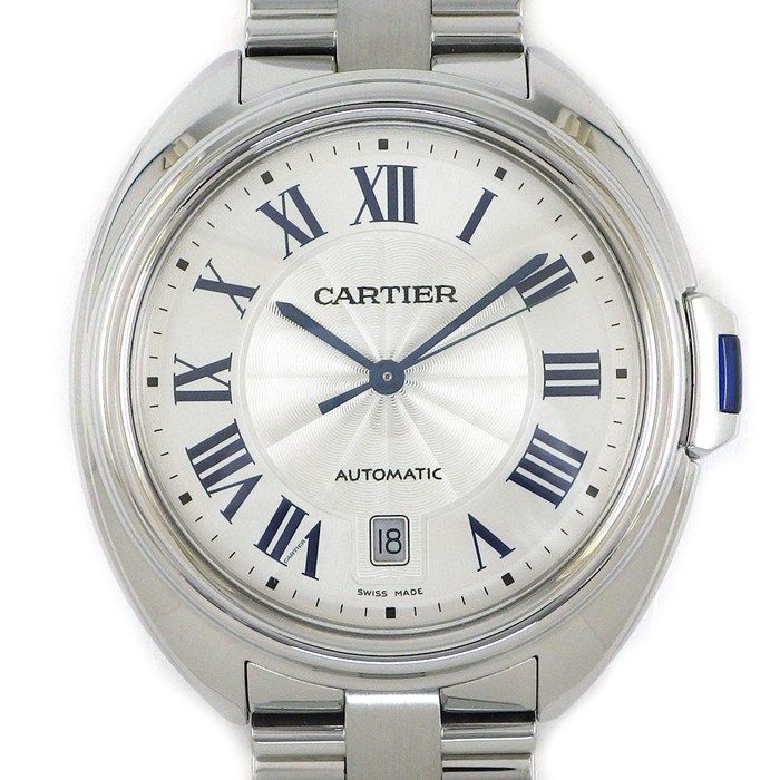 カルティエ Cartier 腕時計 クレ WSCL0007 シルバーギョーシェ文字盤 ローマンインデックス デイト 裏スケ SS 自動巻き 【箱・保付き】 【中古】