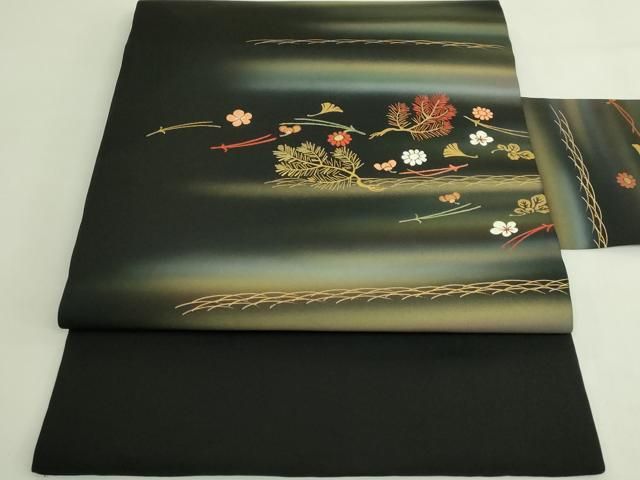 平和屋着物●極上　塩瀬　九寸名古屋帯　刺繍　吹き寄せ花文　黒地　金彩　逸品　DZAB5994kh6