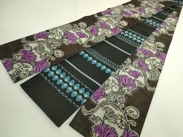 平和屋着物●極上　両面　半幅帯　花唐草　横段文　逸品　DZAB6006kh6