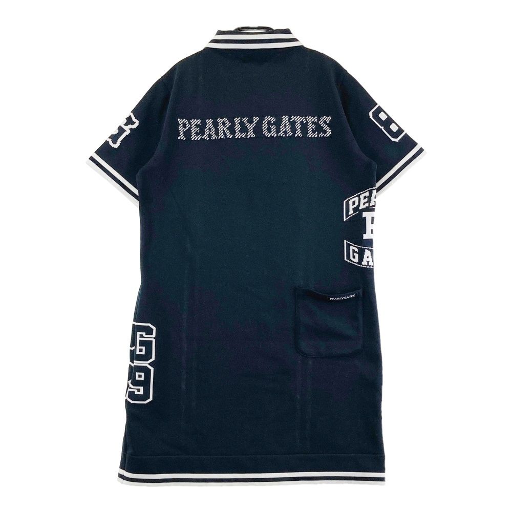 サイズ：1 PEARLY GATES パーリーゲイツ 2025年モデル 半袖 ポロニットワンピース 天竺×地柄 ネイビー系 [240101683795] ゴルフウェア レディース ストスト