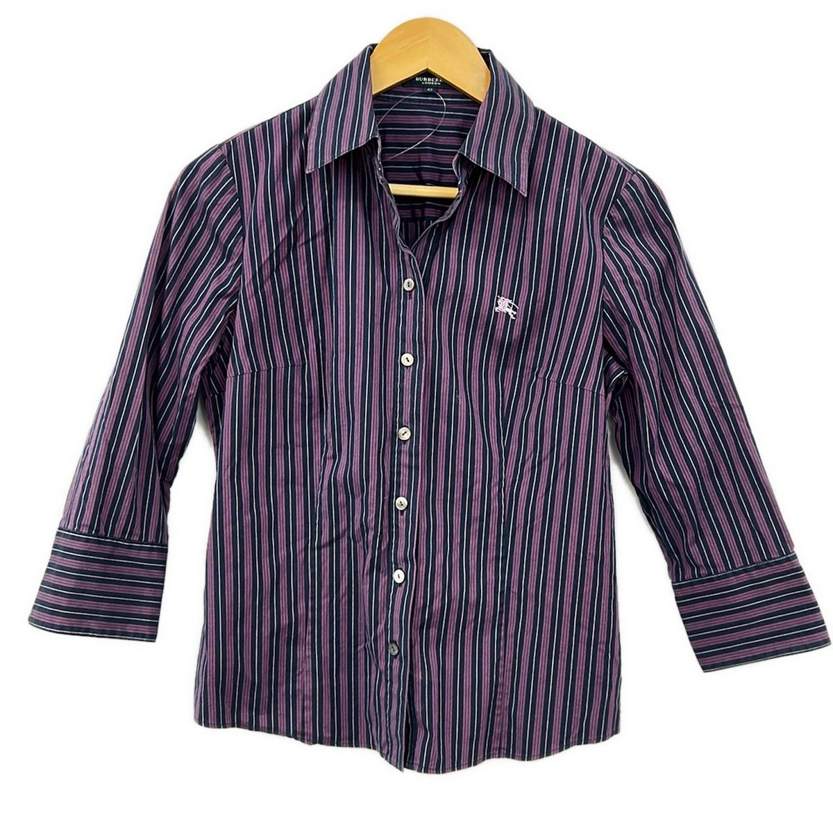 Burberry LONDON(バーバリーロンドン) 七分袖シャツブラウス サイズ42 XL レディース美品 - ダークネイビー×ピンク×マルチ ストライプ