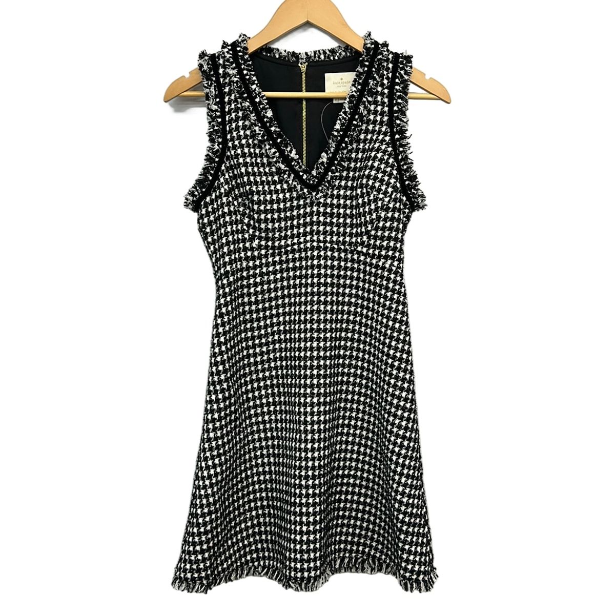 Kate spade(ケイトスペード) ワンピース サイズ0 XS レディース美品 - 黒×白 Vネック/ノースリーブ/ひざ丈/千鳥格子柄