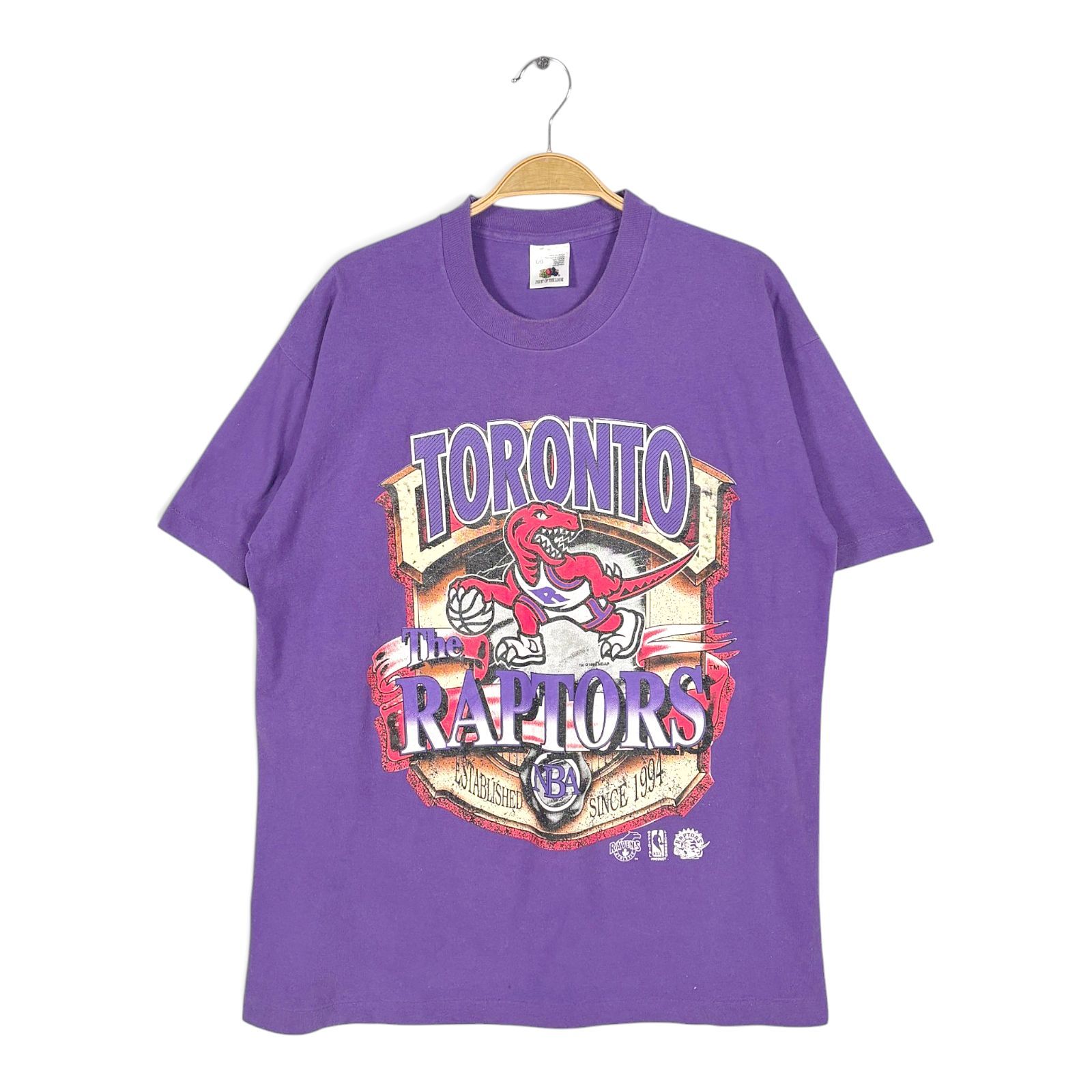 90s トロントラプターズ カナダ製 ヴィンテージ Tシャツ NBA バスケ パープル シングルステッチ TORONTO RAPTORS サイズL 古着 BZ0561