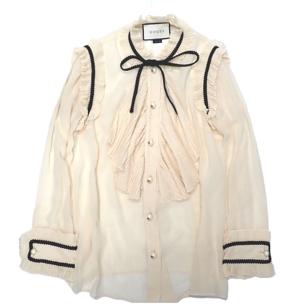 NA25911 グッチ ブラウス フリル フェイクパール GGロゴボタン ベージュ系 レディース GUCCI 中古