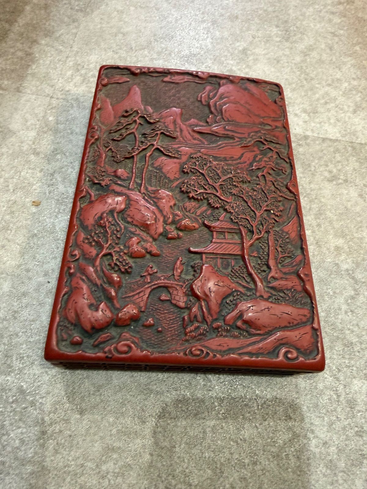 高級文房ット 彫漆（剔香風）山水人物文墨盒 / 古梅園「東大寺南門狛犬図」 墨3点セット