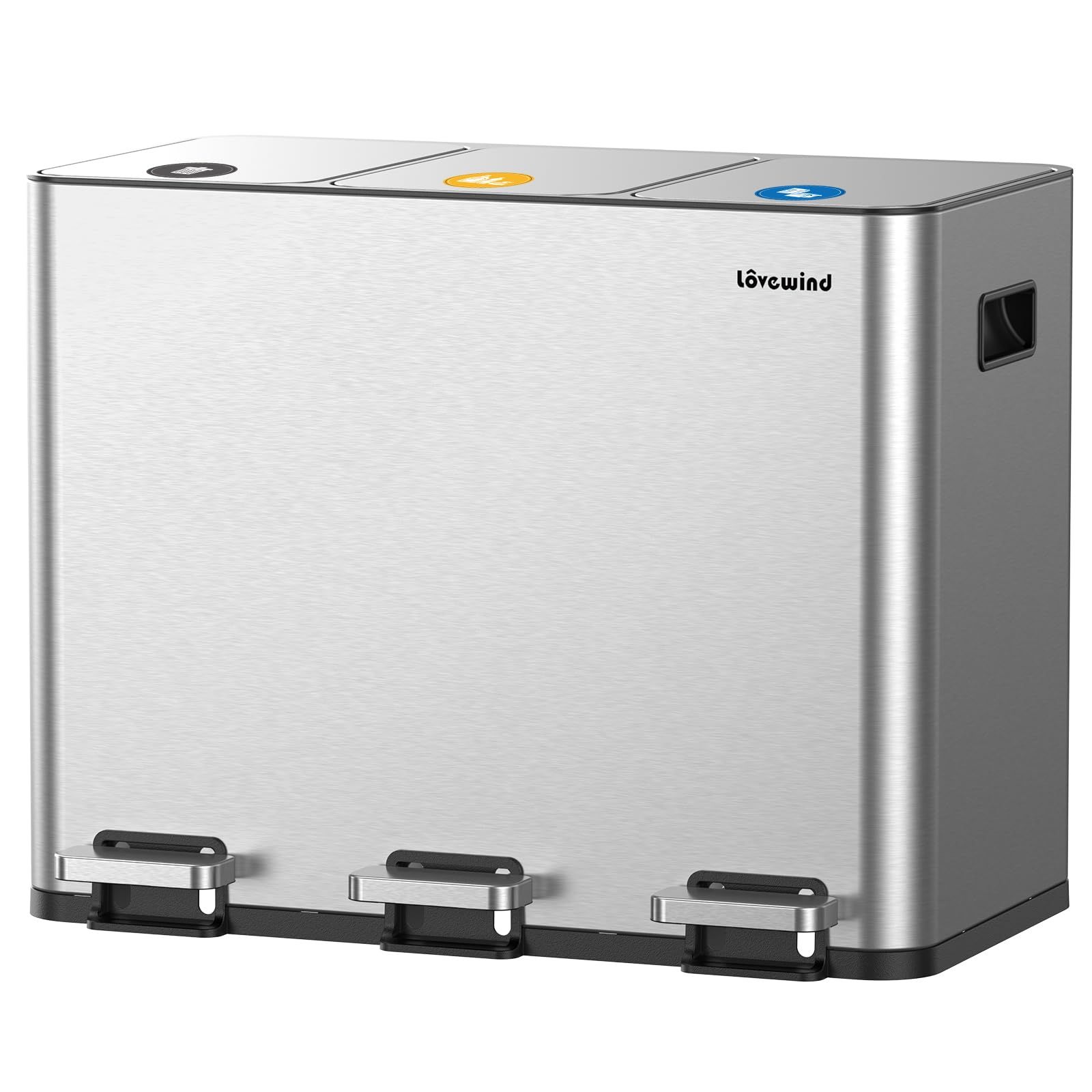 Lovewind 3x15L キッチンゴミ箱 分? 蓋付き 3コンパートメント ステンレス製ゴミ箱 取り外し可能なインナーバケツ付き キッチン/ホームオフィス用大型ゴミ箱 サイレントクローズ トリプルリサイクルペダルビン マグネットステッカー 673a404b