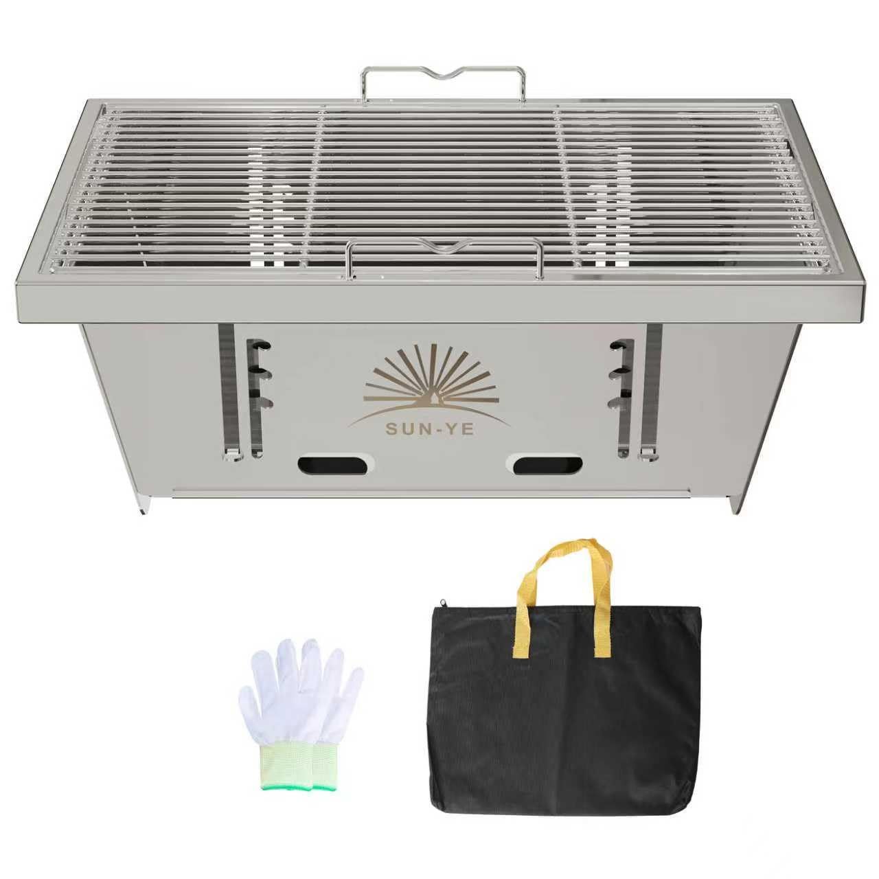 SUN-YE 折り畳みコンロ バーベキュー コンロ ＢＢＱグリル 焚き火台 igtテーブル用 調整可能な炉内燃焼カーボンプレートの高さ ステンレス製 瞬時に展開・収納 ステンレス鋼 1枚 ステンレス棒 2本 IH調理器対応 収納袋付き(沖縄・ 755f1c4d