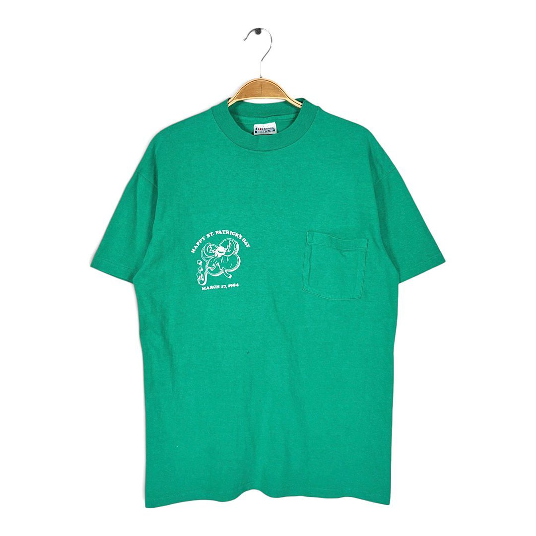 80s ヘラジカ アイリッシュバー ポケT USA製 ヴィンテージ Tシャツ ポケット付 グリーン バックプリント アニマル シングルステッチ HANES ヘインズ サイズL 古着 BZ0566