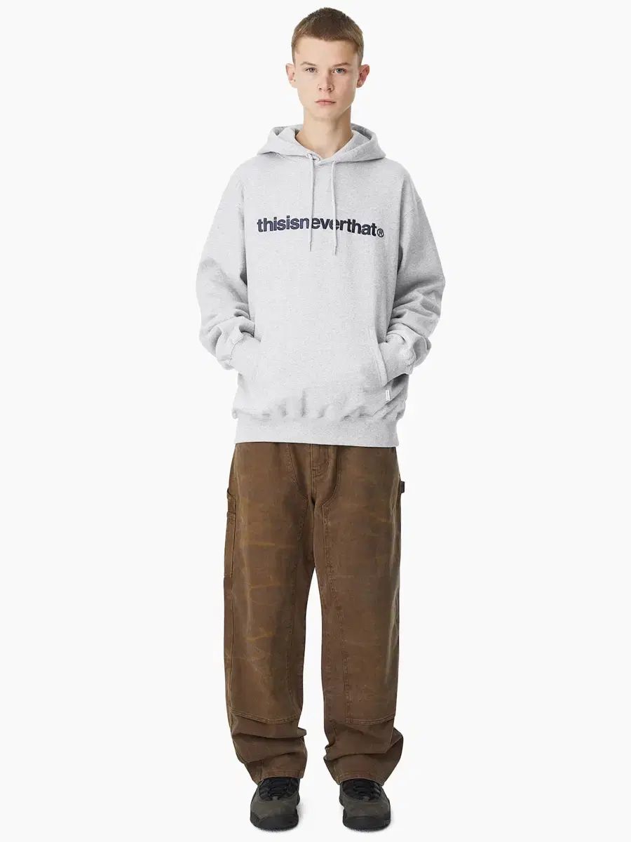 メンズ ディスイズネバーザット グレー ロゴ フーディー Tシャツ L