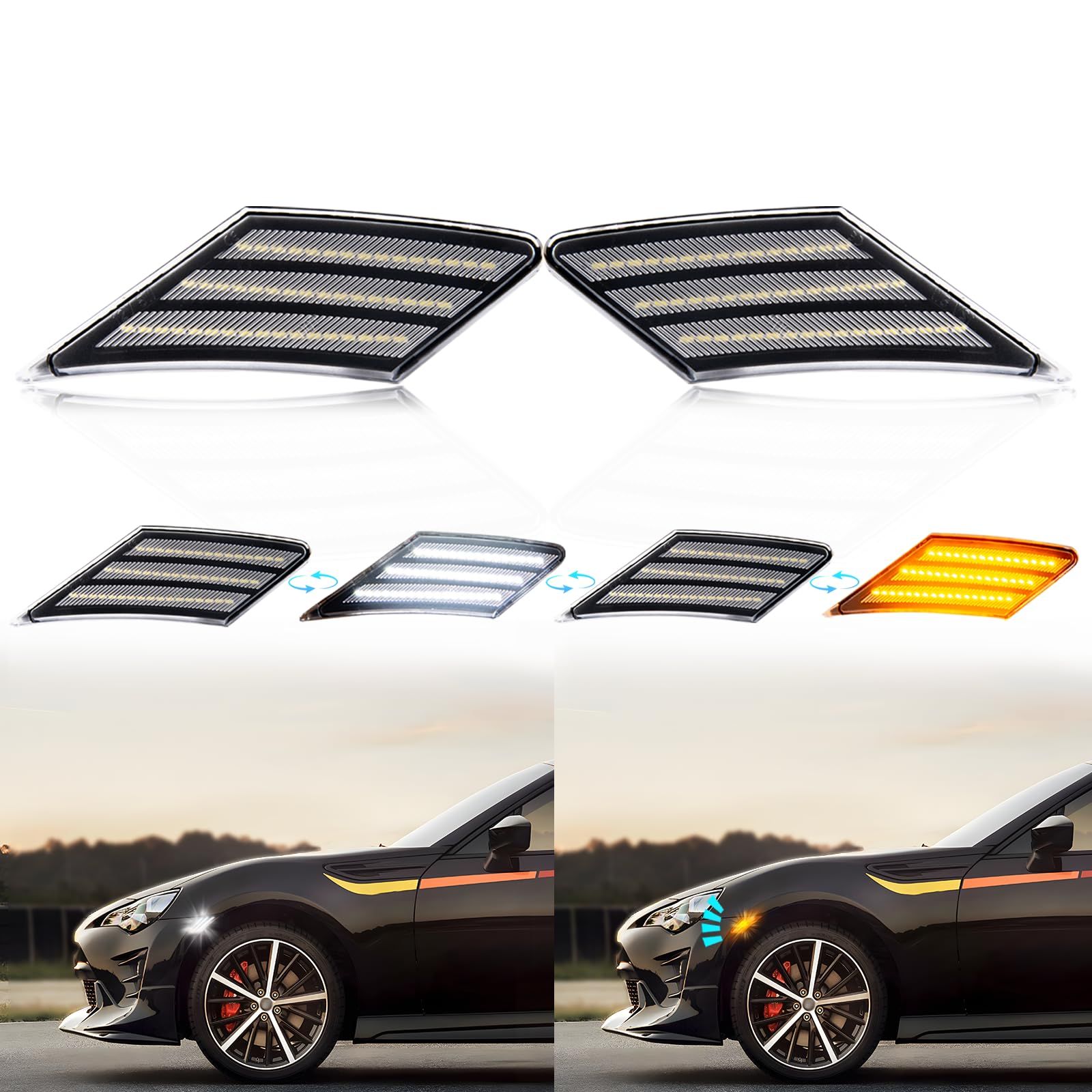 POPMOTORZLEDサイドマーカートヨタ86 (H24.4-/ZN6) BRZ (H24.3/ZC6) 48 LED ホワイトライトLED ウィンカー ライトドライバーと助手席側 ゴンリフレクター SDM4014フロントサイドマーカー クリアレンズ