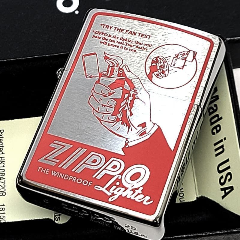 ZIPPO ヴィンテージ 広告 ジッポ ライター おしゃれ オールドポスター 扇風機 ウインドプルーフ Old Poster FUN ビンテージ レッド シルバーサテン メンズ 銀 プレゼント クラシック かっこいい ギフト