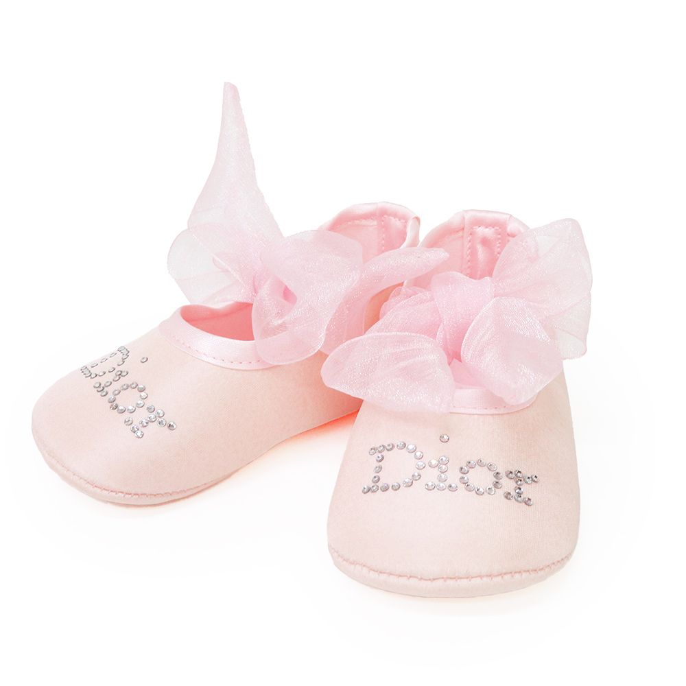 クリスチャンディオール DPCH01 リボン ファーストシューズ ローズ ピンク 靴 10.5cm シルク100％ Christian Dior（未使用　展示品）